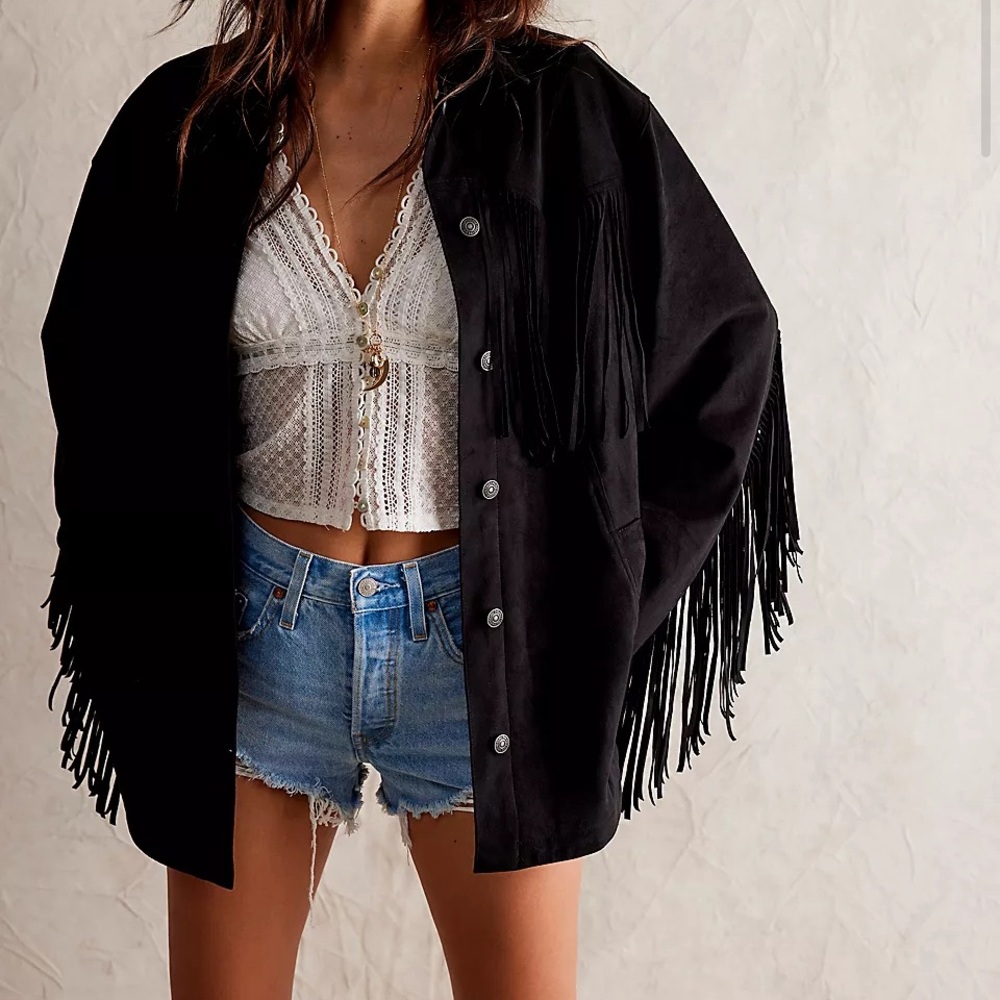 Free People Vegan leather fringe jacket